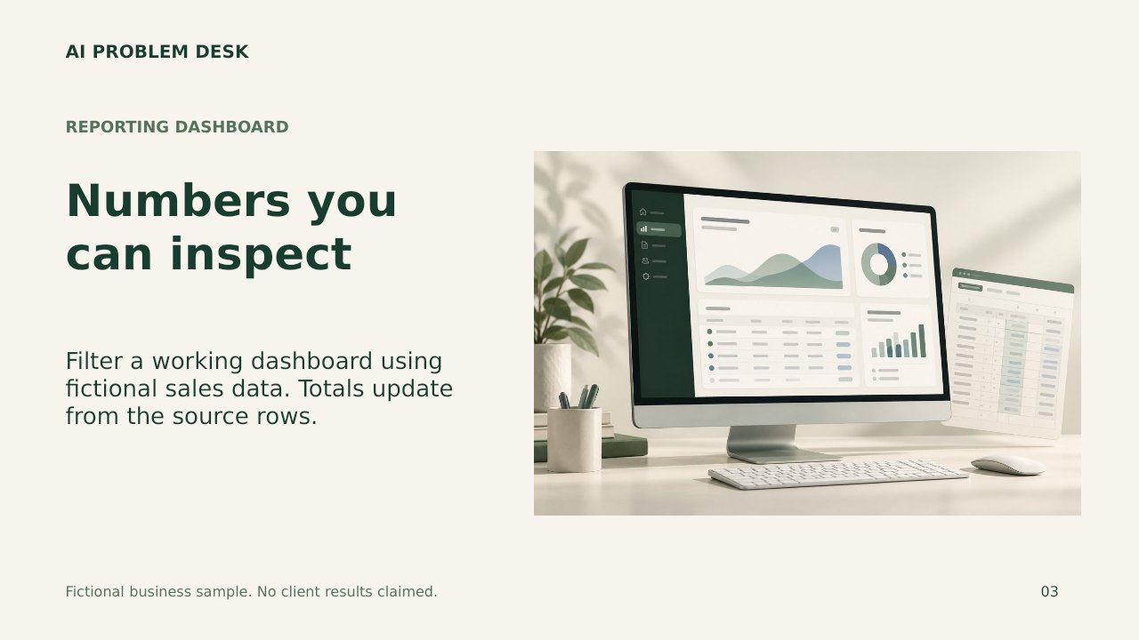 Sample presentation slide 3: Reporting dashboard with fictional data